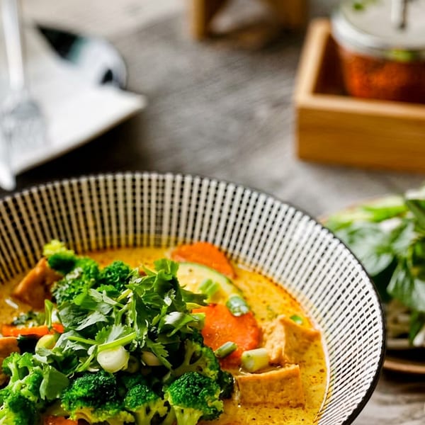 A bowl of yellow curry with broccoli, tofu, and carrots, garnished with fresh herbs.