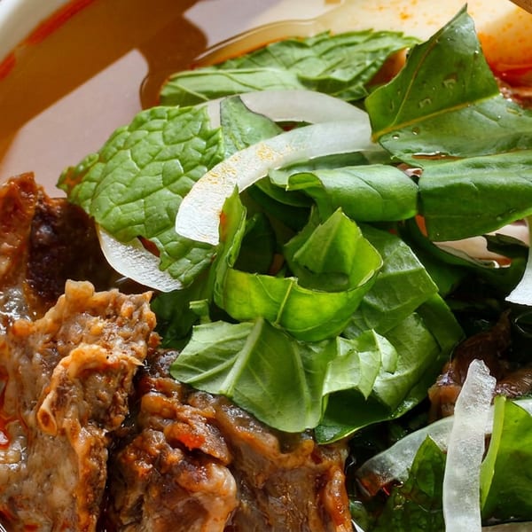 Close-up of a bowl of Vietnamese pho with beef, noodles, broth, and fresh herbs.